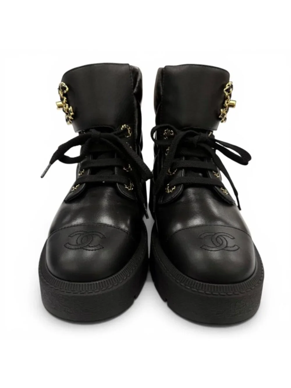 Chanel Quilted Chain CC Logo Turnlock Leather Short Boots Black 34 with